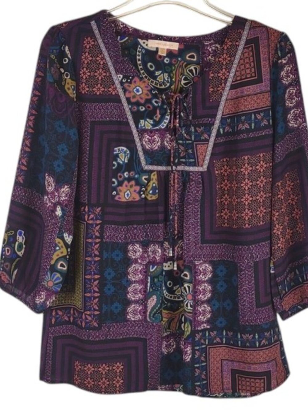 Boho Peasant Floral Blouse Lace Up Tie Embroidery Ribbon 3/4 Sleeve Semi-Sheer